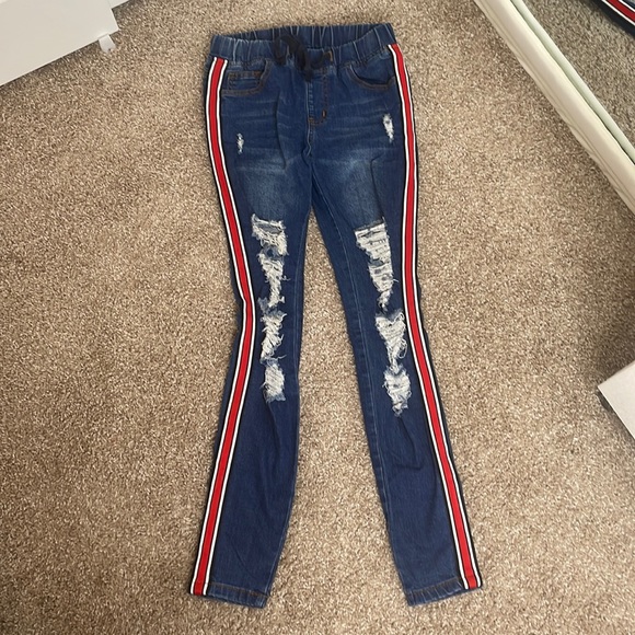 Casual Ripped Denim Joggers with Side Stripes - Picture 5 of 9